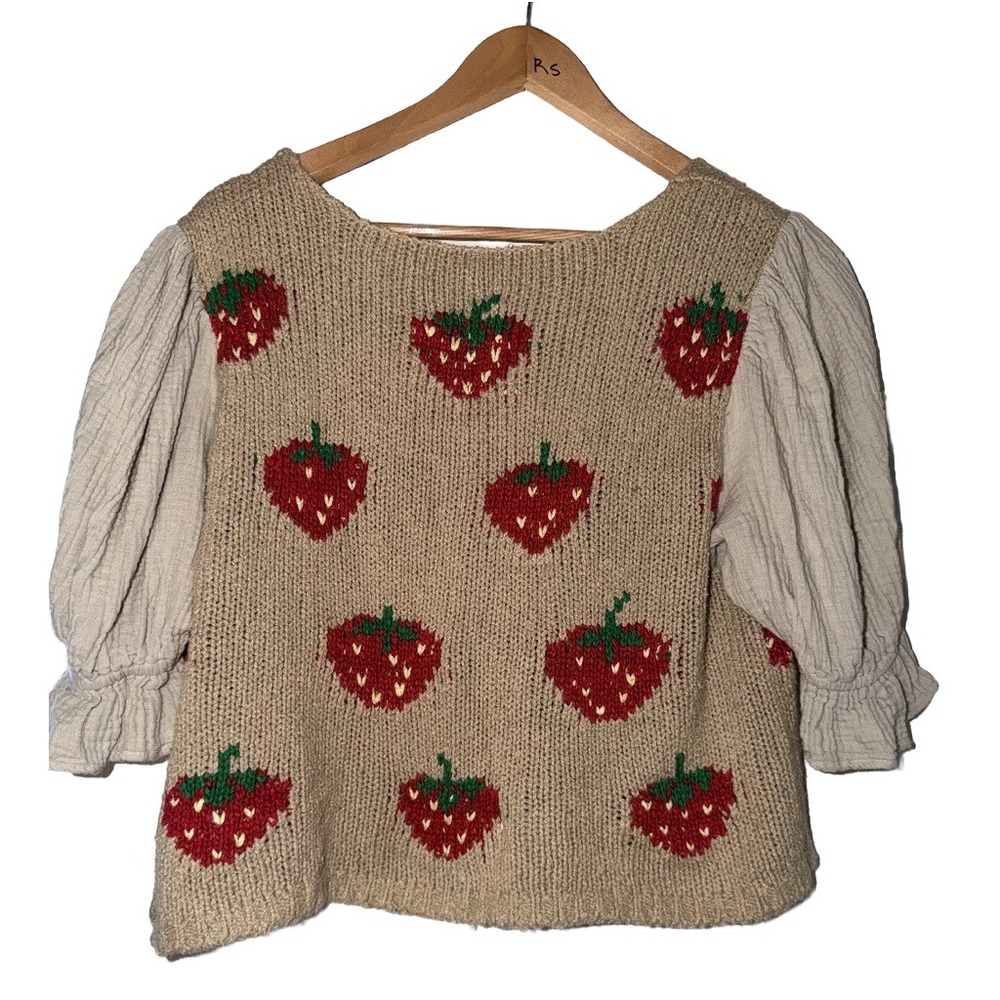 FREE PEOPLE ~ STRAWBERRY JAM Knit Crop Top L Large Sweater Puffed Gauze Sleeve